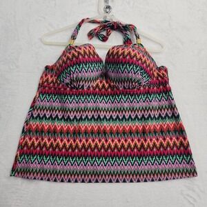 Tropical Escape Tankini Swimsuit Top Womens 16 Multicolor Chevron Halter Padded